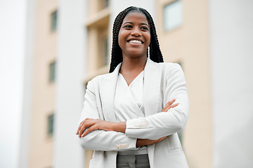 Image showing Arms crossed, happy vision and black woman with power, business and motivation for corporate success in the city of Portugal. Idea, smile and African employee with pride, professional and thinking