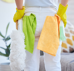 Image showing Cleaner woman, cloth and brush with spray bottle for cleaning, sanitizer and dust in home living room. Hospitality worker, service and product for hygiene, safety or stop bacteria in apartment lounge