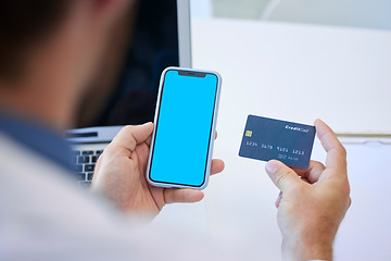 Image showing Mand hand, credit card and phone screen with mockup space for marketing, advertising and logo branding at desk. Male hands, mobile smartphone and online shopping, web banking and internet payment