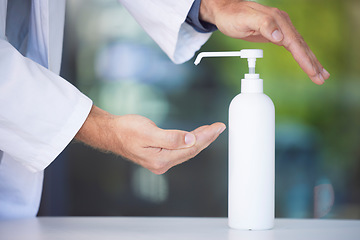Image showing Compliance, cleaning or hands with sanitizer for bacteria to stop dusty, messy or dirty fingers spread a virus. Zoom, doctor or healthcare worker hand washing with liquid soap in spray bottle at job