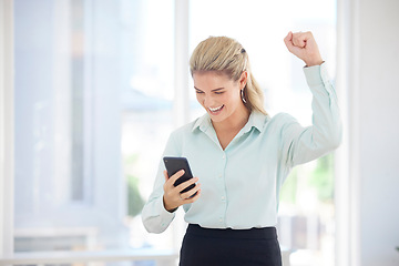 Image showing Winner, phone or business woman for cryptocurrency success, investment or bitcoin growth in office with smile. Happy, hand fist or employee girl for winning, finance goal or stock market target