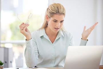 Image showing Frustrated, woman and laptop glitch or stress working in office for corporate news, stock market crash or 404 website crisis on computer. Business, manager and pc error or fintech compliance risk