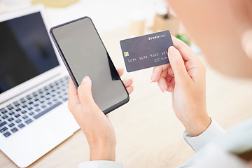 Image showing Businesswoman, phone and credit card for online ecommerce payment and bills. Budget, buying and mobile banking with fintech and debit card for online shopping and e commerce pay on tech