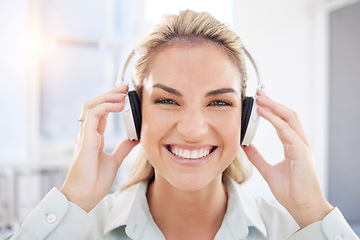 Image showing Headphones, portrait and business woman music for office, workplace or career productivity, mental health and wellness. Corporate, professional and face of woman with audio technology for inspiration