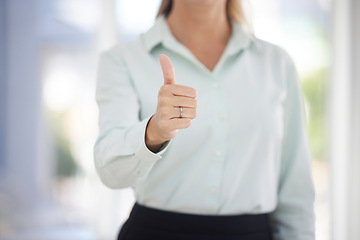 Image showing Business woman, hand and thumbs up for yes, good job or corporate success at the workplace. Female showing great thumbsup gesture or sign in congratulations, approval or good news at the office