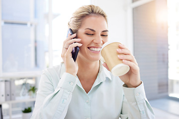 Image showing Businesswoman, phone call and coffee in the office, morning and happy smile with funny conversation, communication and lens flare. Female employee, drink and talking on mobile smartphone in workplace
