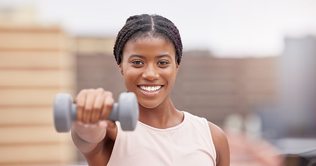 Image showing Fitness, gym and portrait of black woman with dumbbell, smile and motivation for wellness and power in training. Sports, muscle building and exercise goals, happy face of woman with energy at workout