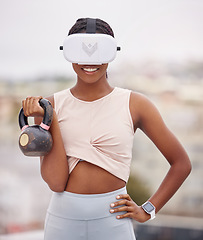 Image showing Fitness, virtual reality and black woman with kettlebell, metaverse and futuristic tech, weight exercise and athlete. Weightlifting, vr glasses and workout outdoor, augmented reality and technology.