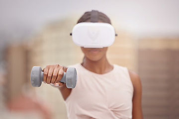 Image showing VR workout, dumbbell and black woman in the city for metaverse fitness, tech health and 3d training in Morocco. Digital sport, futuristic exercise and athlete with virtual reality for weight cardio