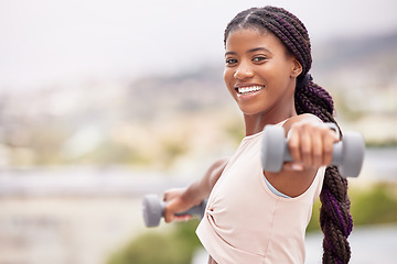 Image showing Black woman, smile and dumbbell workout outdoor for fitness training, sports exercise and healthy body lifestyle. Bodybuilder challange, wellness motivation and athlete african woman happy portrait