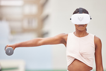 Image showing Fitness, virtual reality and woman with dumbbell exercise in metaverse, 3d technology and futuristic software for workout experience. VR glasses, future esports and cyber girl training gear in a gym