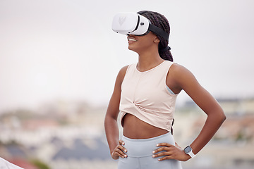 Image showing VR fitness, metaverse and black woman training in the city, futuristic workout and digital exercise on a rooftop. 3d health, technology and African athlete with glasses for virtual reality sport