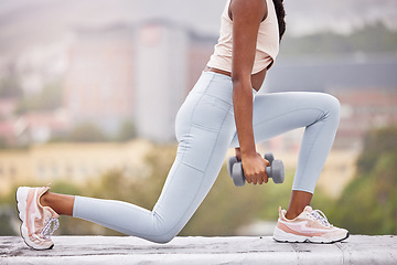 Image showing Fitness, woman legs and dumbbells for weightlifting outdoor, weights and body building with training in urban cityscape. Exercise, workout in city and lunges with strong athlete and health wellness.