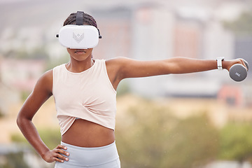 Image showing Virtual reality, fitness or black woman with a dumbbell, vr or 3d headset for a gaming experience with exercise. Metaverse, gamer or sports girl gaming or training in futuristic ai digital technology