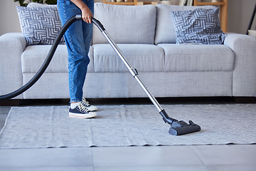 Image showing woman, vaccum and cleaning living room floor or carpet for home hygiene, housework and maid spring cleaning. Cleaner, house maintenance and service lady dust dirt on rug or housekeeping in lounge