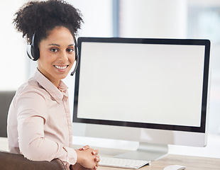 Image showing Mockup, call center or black woman for customer support, contact us or working on computer in office with smile. Sales advisor, customer service or girl for consulting, tech help or CRM telemarketing