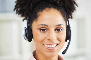 Image showing Contact us, portrait or black woman in a call center consulting, talking or helping a client with a solution. Crm, face or customer services employee in communication, conversation or speaking on mic