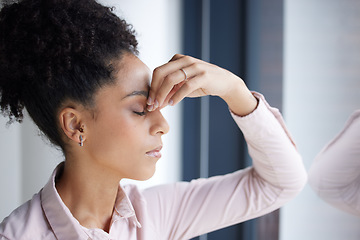 Image showing Headache, stress and burnout black woman in office feeling tired, exhausted or fatigue. Anxiety, depression and business woman with poor mental health, migraine or stressed alone in company workplace