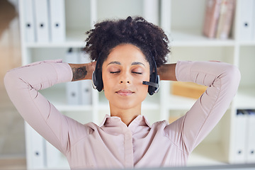 Image showing Relax, call center or tired black woman sleeping at customer services resting at customer services office desk. Nap, breathing or exhausted telemarketing agent relaxing at contact support on a break