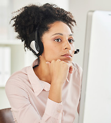 Image showing Call center, sad and black woman reading email, consulting anxiety and thinking with a telemarketing computer. Mental health, crm and customer service worker giving advice as a consultant online