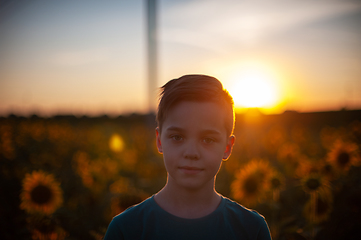 Image showing Portrait of beautiful blond kid boy on summer sunflower field