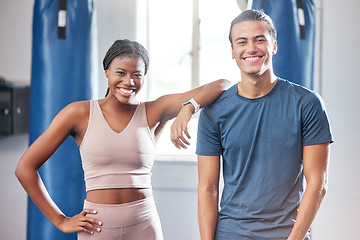 Image showing Health, black woman and man exercise in gym, fitness and friends with motivation and support. Personal trainer, athlete and workout for goal, portrait and challenge for wellness, training and energy.