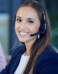 Image showing Call center, telemarketing and portrait of a woman consultant offering contact us advice. Customer support, customer service and female professional sales operator in an advisory agency at help desk