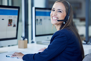 Image showing Call center, portrait and woman on computer screen for telemarketing, virtual assistant and website user experience support. Telecom, information technology and face of happy business worker at desk