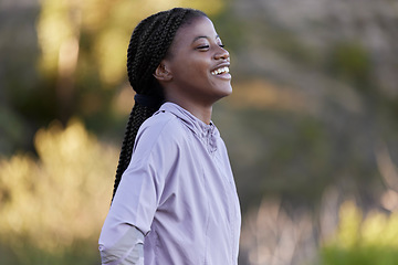 Image showing Black woman, fitness and happy thinking in nature on running break with cheerful smile. Happiness, wellness and health of young girl satisfied with cardio, workout and exercise resting.