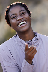 Image showing Black woman, fitness portrait and happy with exercise, running and body builder, training and healthy lifestyle. Athlete, happiness in sports and workout motivation with active wellness and cardio.