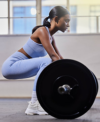 Image showing Woman, fitness and barbell for workout in gym, exercise and training with power, bodybuilder and performance. Indian female with weight, challenge and strong body with muscle development with iron