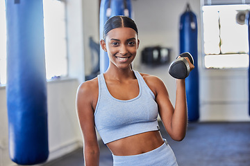 Image showing Happy woman, fitness and dumbbell exercise in gym for strong body, wellness and healthy lifestyle goals. Portrait of indian female, sports and happiness with weights for workout, training and power