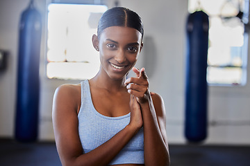 Image showing Fitness, woman in gym with exercise and portrait, body training with bodybuilder, cardio and sports motivation. Smile, happy and workout with wellness and healthy lifestyle, athlete point at camera.