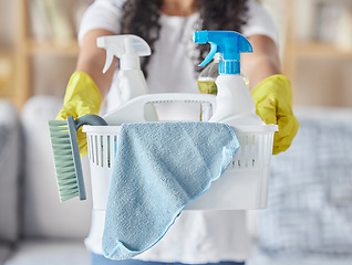 Image showing Cleaning, housework and hands of woman with basket, community service and safety from virus in a house. Cleaner job, working housekeeping and girl with product to clean a home in the morning