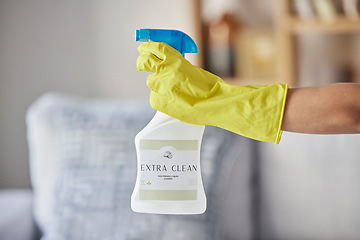 Image showing Cleaning, product and spray bottle with hands of woman in living room for hygiene, disinfection or bacteria safety. Germs, dust and chemicals with girl cleaner at home for housekeeper service