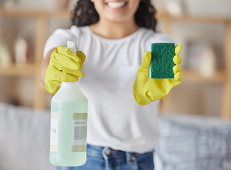 Image showing Sponge, spray and woman with cleaning products in home for hygiene, health and wellness. Spring cleaning, housekeeper and happy female holding equipment for washing, sanitizing or disinfecting house.