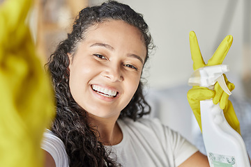 Image showing Happy, cleaning or woman taking a selfie with peace hand gesture with liquid soap in spray bottle for dust or bacteria. Cleaner or maid smiles with cleaning products, gloves or disinfection chemicals