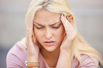 Image showing Headache, stress and frustrated with woman in pain suffering with anxiety, depression and burnout fatigue. Mental health, sad and migraine with face of worried girl for sick, mistake and exhausted