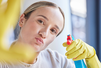 Image showing Cleaner woman, spray and bottle in portrait while working with product, detergent or sanitizer in home. Hygiene worker, cleaning and spray bottle for germs, bacteria and dirt at apartment in Toronto