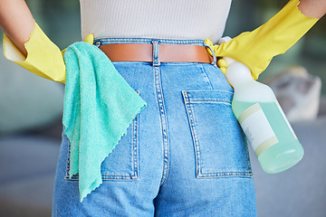 Image showing Cleaning service, product and woman hands with bottle, liquid spray solution and cloth for home, hotel or hospitality industry, career or business. Spring cleaning, worker jeans and bacteria cleaner