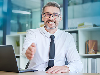 Image showing Businessman, handshake and portrait smile for welcome, greeting or introduction at office. Happy senior employee accountant with laptop and hand gesture for shaking hands, deal or agreement