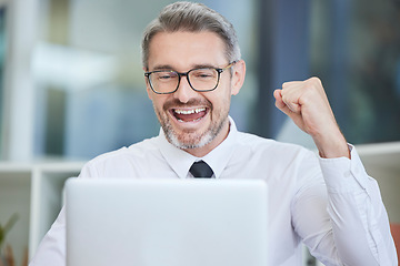Image showing Winner, laptop or businessman for cryptocurrency success, investment or bitcoin growth in office with smile. Happy, hand fist or man for winning stock market, stock sale or financial trading target