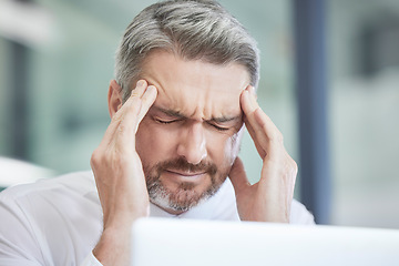 Image showing Headache, work stress and burnout of a business man with a 404 computer glitch in a office. Anxiety, head pain and web mistake of a accounting tax manager with laptop problem of a digital audit