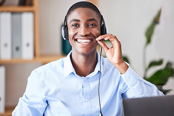 Image showing Call center, consulting and smile with businessman in office for telemarketing, customer service and technical support. Help desk, contact us and crm with black man and microphone for sales advisory