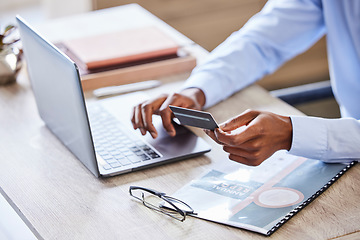 Image showing Credit card, laptop and finance with hands of businessman for investments, savings or online shopping. Accounting, fintech and digital payment with black man customer for budget, banking or trading