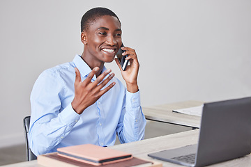 Image showing Business man, phone call and office employee talking about consulting schedule at a desk. Black man, phone communication and working businessman online with conversation about company strategy