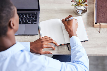 Image showing Businessman, writing in notebook and planning corporate schedule, calendar and brainstorming idea for lead generation. Black man, write contact list in book and working on advertising strategy goal