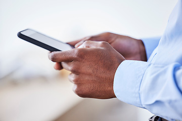 Image showing Hands, smartphone and typing for social media, communication or search internet. Closeup, phone or connection for online reading, chatting or website to check email, texting or posting with cellphone