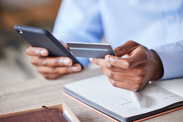 Image showing Businessman, hands and credit card, smartphone banking or ecommerce accounting of investment, budget or fintech finance at office desk. Closeup financial worker, online shopping or mobile app payment