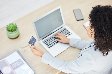 Image showing Top view, laptop and business woman with credit card for online shopping, payment or banking. Mock up, ecommerce and fintech with female employee on computer with debit card for transaction in office